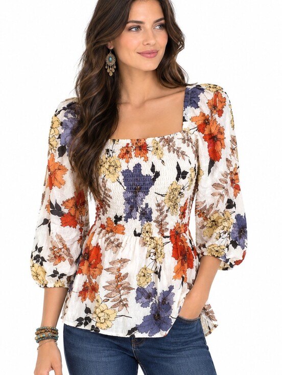 Hayden Tops - Hayden LA Floral Bobo Smocked Puff Sleeve Peplum Blouse Fall Color SZ: Small